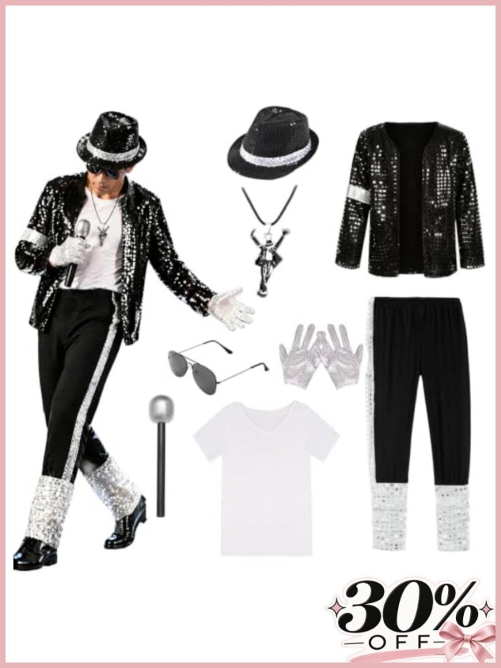 Men's 80s Pop Star Sequin Costume Cosplay Halloween Outfit with Accessories
